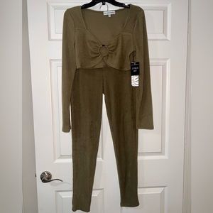 Matching two piece olive green set crop top and leggings sweater like material